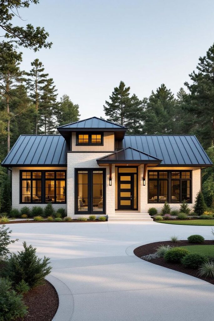 38 Contemporary Craftsman Homes With Charming Style Modern house with large windows, surrounded by trees, featuring a sleek black metal roof and well-maintained garden. | Sky Rye Design Modern house with large windows, surrounded by trees, featuring a sleek black metal roof and well-maintained garden.