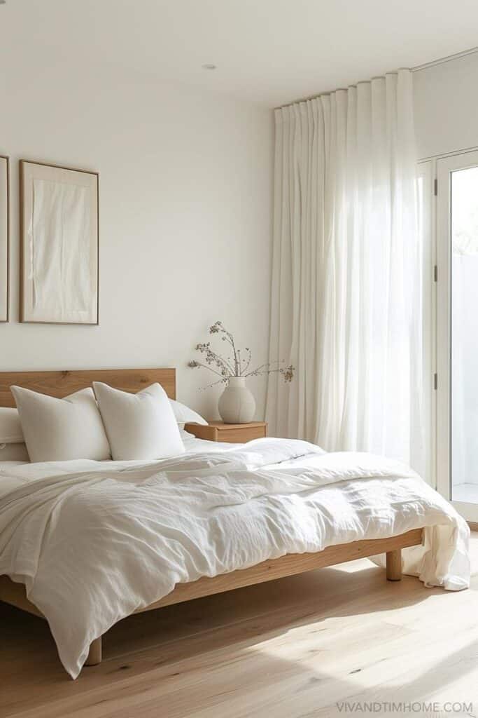 3837246d-e62d-4e73-8ea4-a1084661b96a Minimalist bedroom with wooden bed, white linens, and soft natural lighting from sheer curtains. | Sky Rye Design Minimalist bedroom with wooden bed, white linens, and soft natural lighting from sheer curtains.