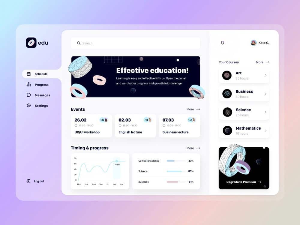 Online education dashboard with event schedule, progress graphs, and course list in a modern layout.