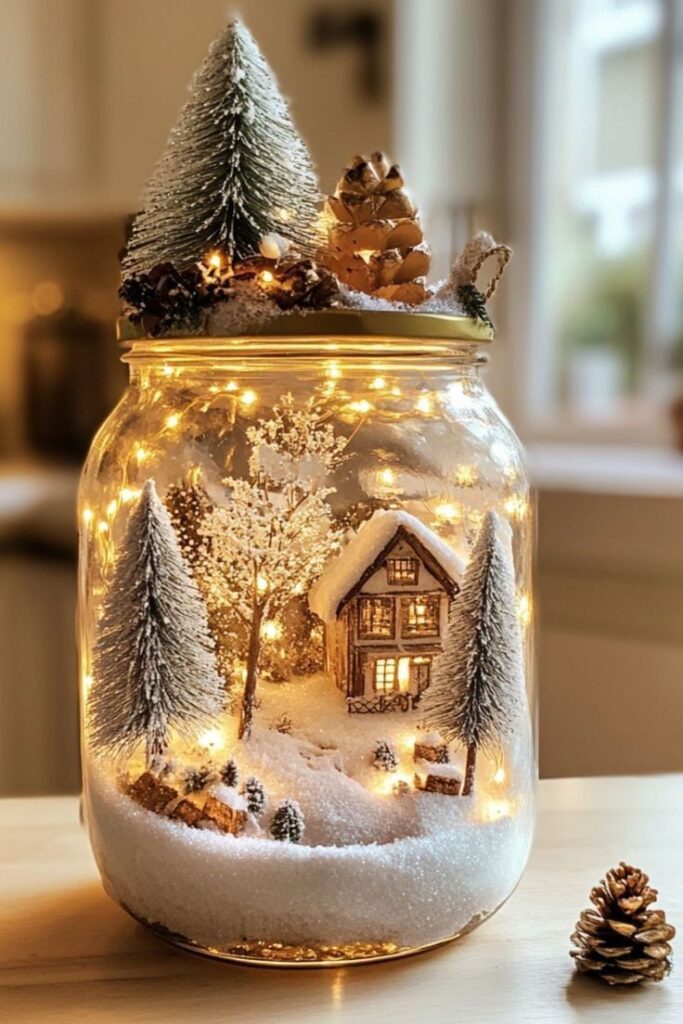 384a29a5-e646-403c-bfc7-c558d07b86d1 Snowy miniature winter scene in a jar with a cozy house, trees, and warm fairy lights. | Sky Rye Design Snowy miniature winter scene in a jar with a cozy house, trees, and warm fairy lights.