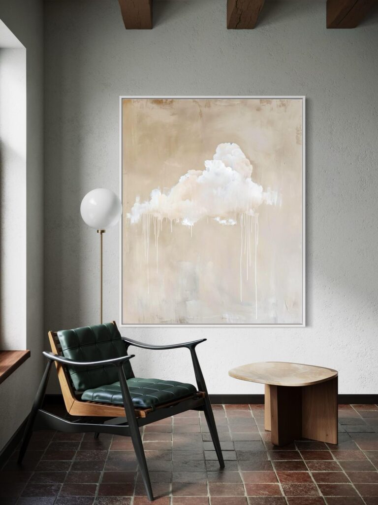 3863dc710a47daad13883ee77a699971 Modern minimalist interior with a black chair, round wooden table, and abstract cloud painting on a textured wall. | Sky Rye Design Modern minimalist interior with a black chair, round wooden table, and abstract cloud painting on a textured wall.