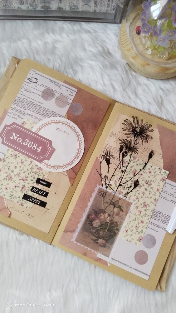 Vintage scrapbook pages with floral designs, stamps, and layered paper elements on a soft, textured surface.