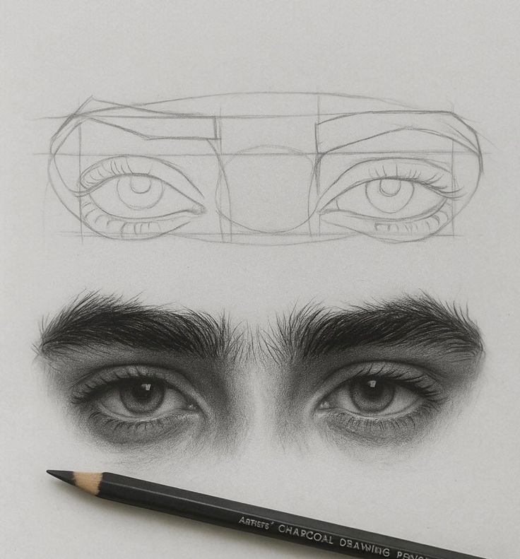 Pencil drawing tutorial: detailed eyes sketch with guidelines and shading techniques. Charcoal pencil displayed.