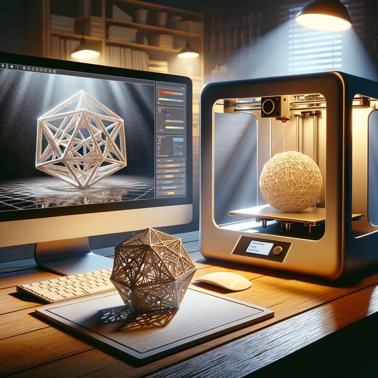 3D printer creating geometric shape on desk with computer displaying design software.