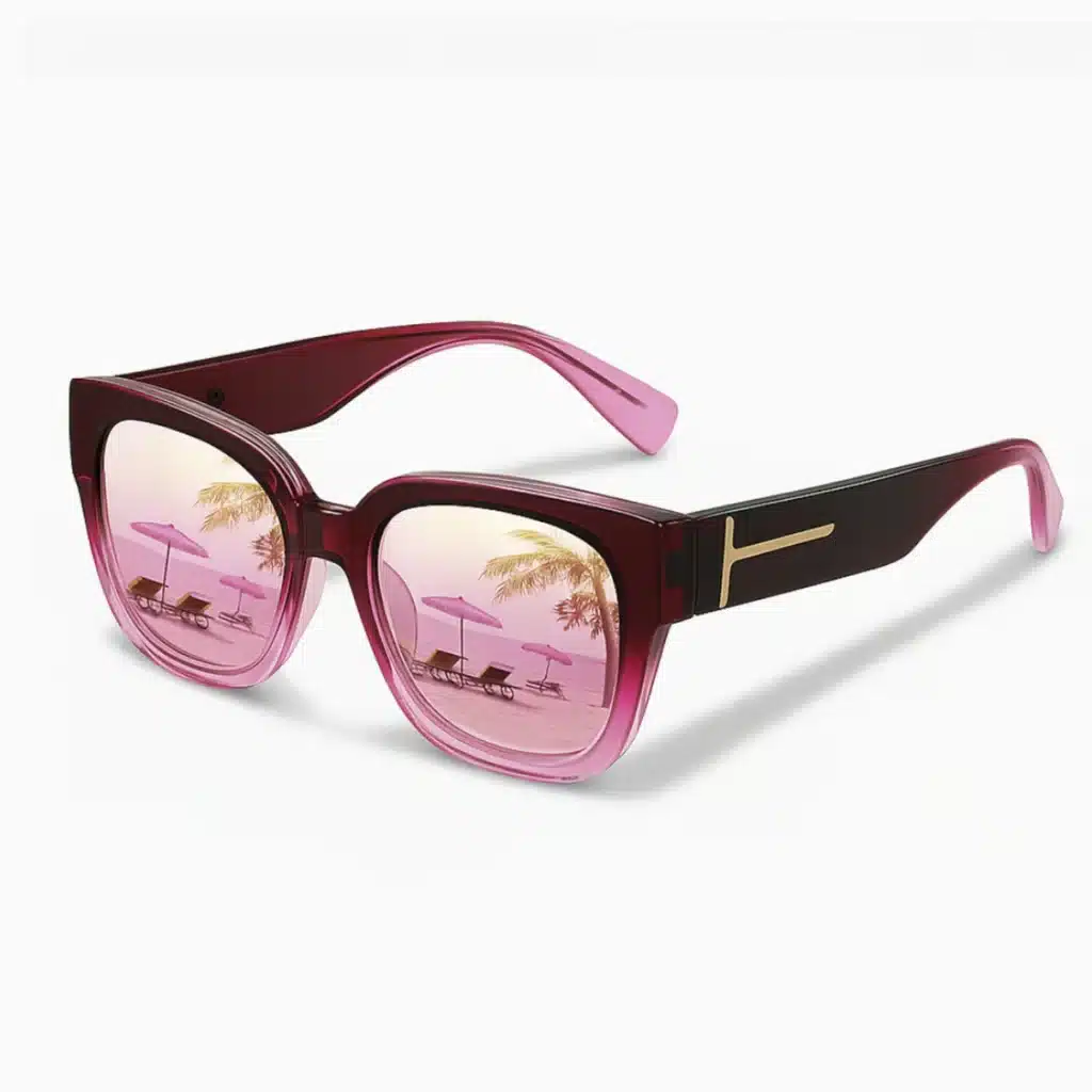 3_e09ebd97-29d5-4aff-89a9-2d7f6e22441c Stylish pink sunglasses reflecting beach scenery with umbrellas and palm trees. Perfect for sunny vacations. | Sky Rye Design Stylish pink sunglasses reflecting beach scenery with umbrellas and palm trees. Perfect for sunny vacations.