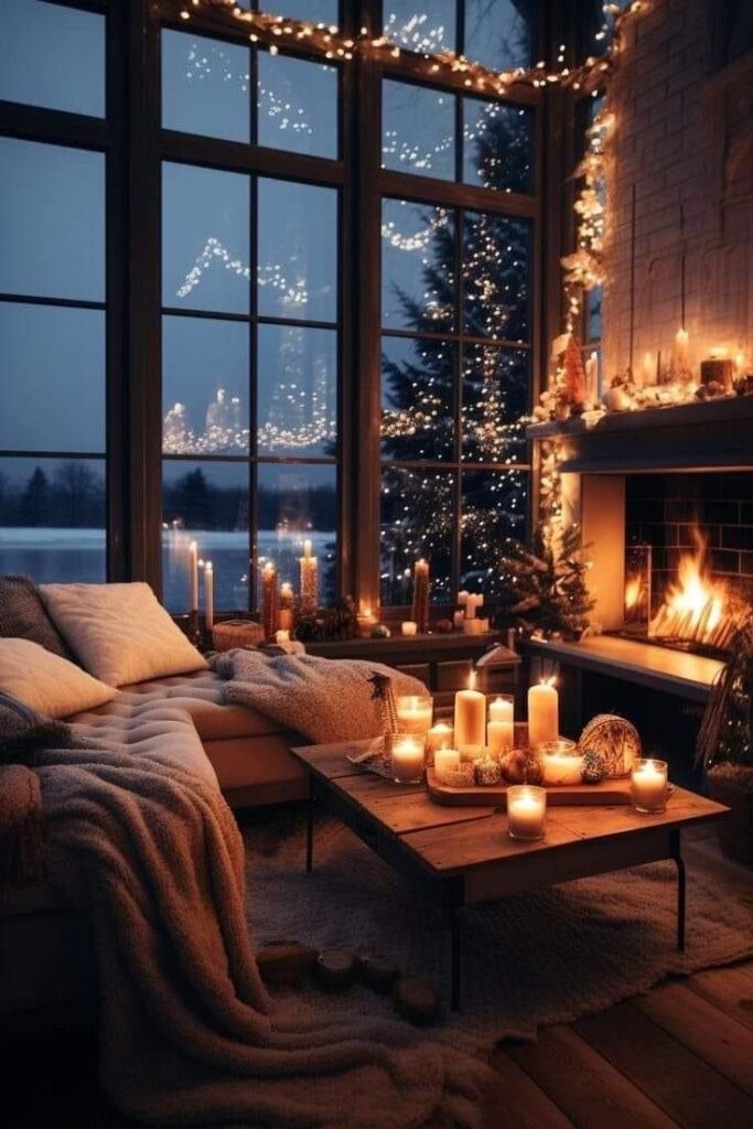 3a0a864c-6a9f-43b1-9bff-58f6207b6f46 Cozy living room with candles, fairy lights, and a fireplace, creating a warm, festive winter ambiance. | Sky Rye Design Cozy living room with candles, fairy lights, and a fireplace, creating a warm, festive winter ambiance.