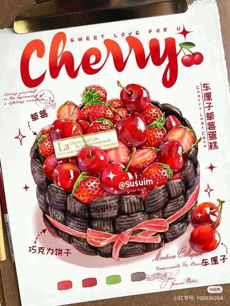 Chocolate cake with cherries and strawberries, text reads Cherry and Sweet Love for U, artistic design.