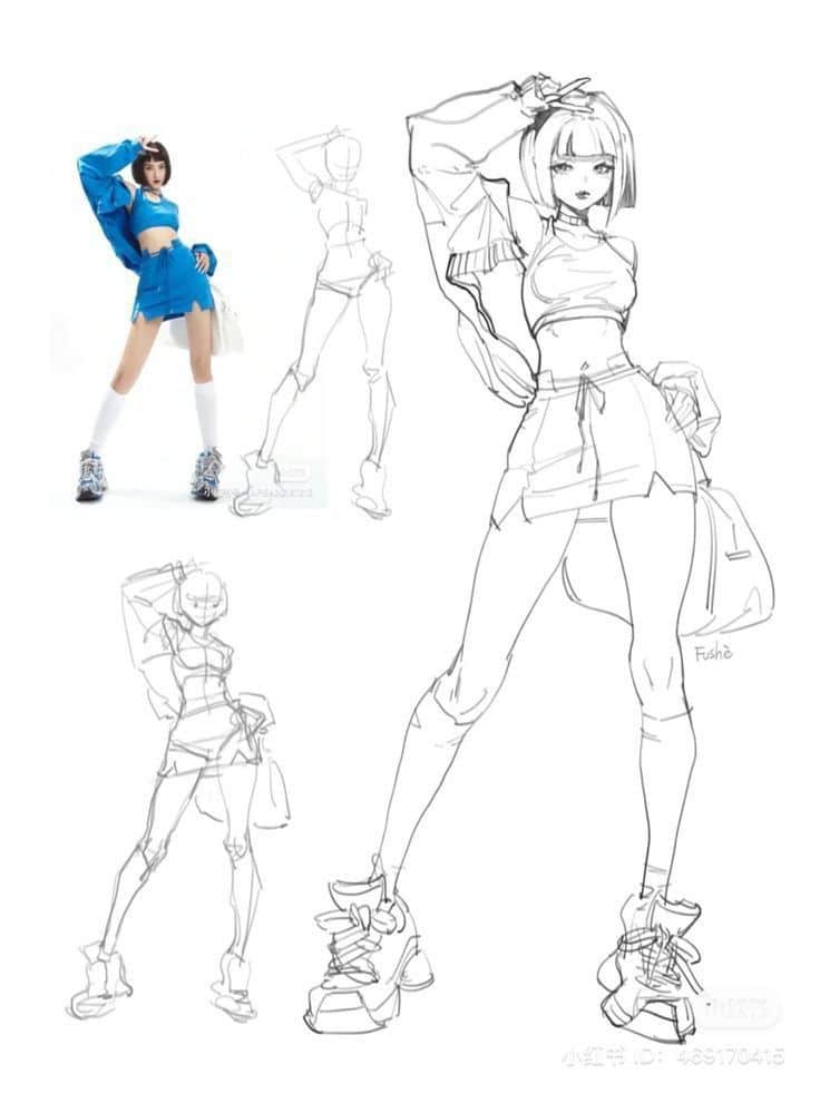 Fashion illustration with sketch of a woman in blue outfit, highlighting design process and style details.