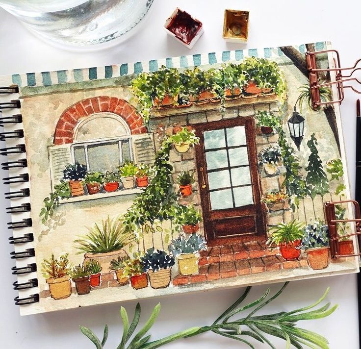 Watercolor painting of a charming house entrance adorned with potted plants and greenery.