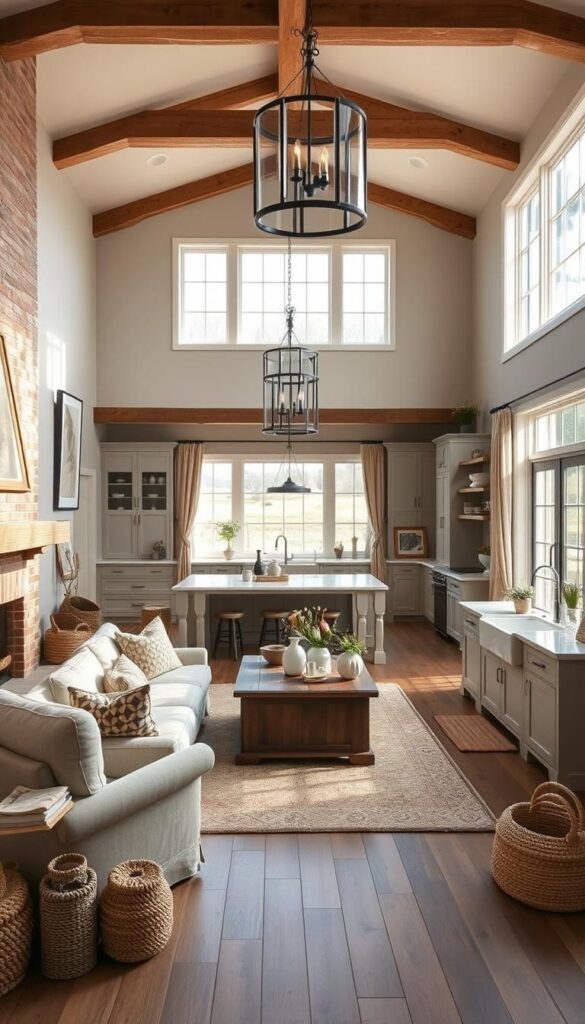 Modern farmhouse living room with vaulted ceiling, wooden beams, cozy seating, and a spacious kitchen area.