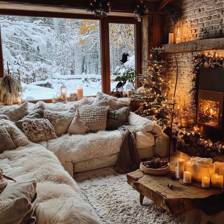 3d339563-e2ae-4978-a682-21282f0bdd33 Cozy winter cabin with a plush sofa, candles, and twinkling lights by a snowy forest view through large windows. | Sky Rye Design Cozy winter cabin with a plush sofa, candles, and twinkling lights by a snowy forest view through large windows.