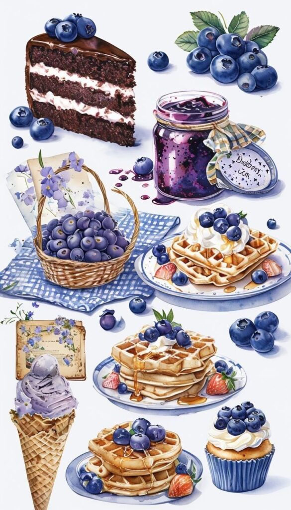 Assorted blueberry desserts including waffles, cake, jam, and ice cream, beautifully arranged with fresh berries.