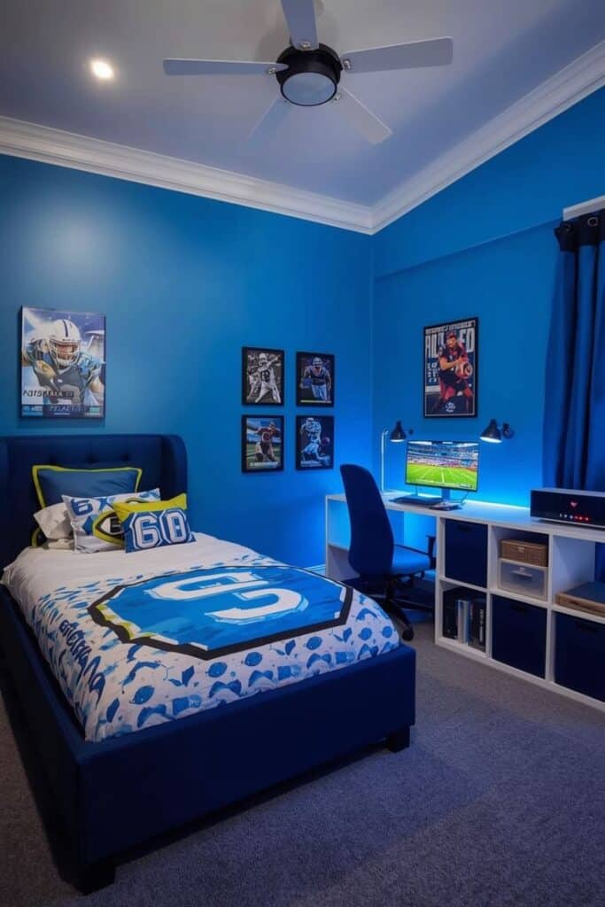 3e4c885ccda06dca36c324ca8ee6cb7b Blue-themed bedroom with sports decor, desk setup, and gaming on screen. Cozy and inviting space for sports enthusiasts. | Sky Rye Design Blue-themed bedroom with sports decor, desk setup, and gaming on screen. Cozy and inviting space for sports enthusiasts.