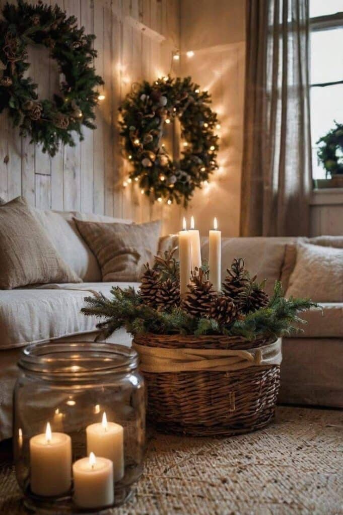 Cozy holiday living room with lit candles, pinecones, and festive wreaths on walls, creating a warm, inviting atmosphere.