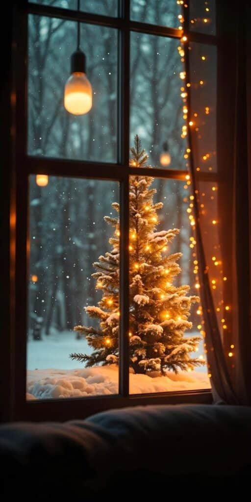 Cozy winter scene with a lit Christmas tree seen through a window, adorned with snow and warm glowing lights.