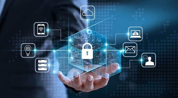 A hand holds a digital lock network, representing cybersecurity protection and data encryption technology.