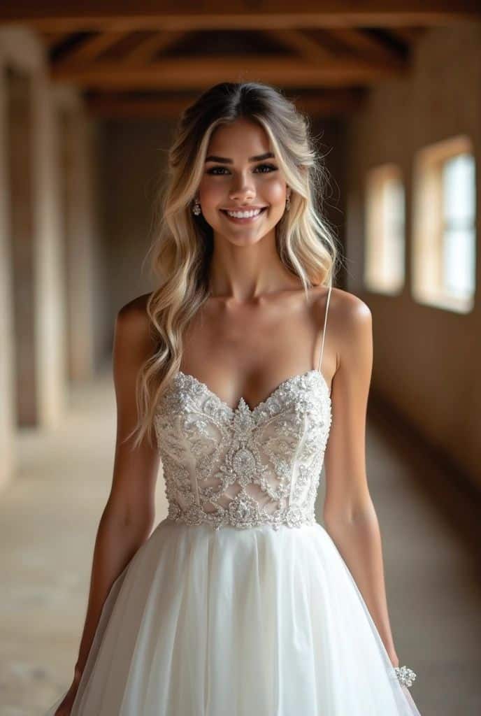 Smiling woman in elegant, detailed white wedding dress, standing indoors with soft natural light.