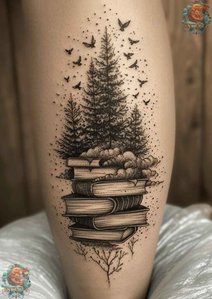 _ 4 Tattoo of stacked books with trees and birds, symbolizing creativity and nature on the leg. | Sky Rye Design Tattoo of stacked books with trees and birds, symbolizing creativity and nature on the leg.