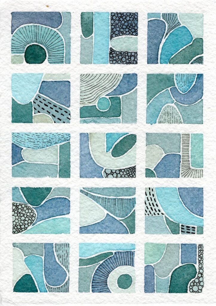 Abstract watercolor art, blue and green geometric patterns with textured designs in a grid layout.
