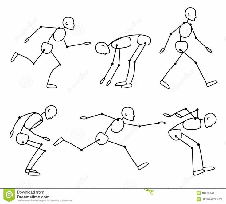 Stick figures in various running and bending poses, illustrating human motion and movement dynamics.