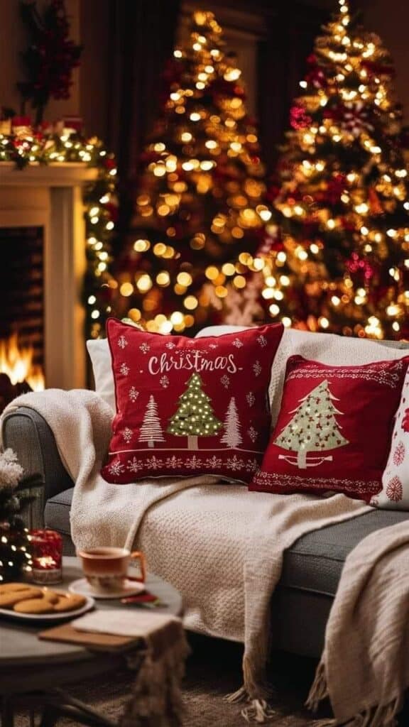 _ 4 Cozy Christmas living room with decorated tree, festive cushions, and a lit fireplace. | Sky Rye Design Cozy Christmas living room with decorated tree, festive cushions, and a lit fireplace.