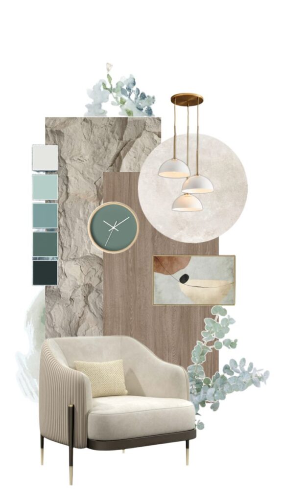 _ 4 Modern living room design board with beige chair, color swatches, pendant lights, and abstract art for decor inspiration. | Sky Rye Design Modern living room design board with beige chair, color swatches, pendant lights, and abstract art for decor inspiration.