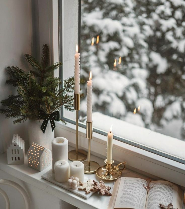 _ 4 Cozy winter window scene with candles, pine branch, and gingerbread cookies, creating a warm, festive ambiance. | Sky Rye Design Cozy winter window scene with candles, pine branch, and gingerbread cookies, creating a warm, festive ambiance.