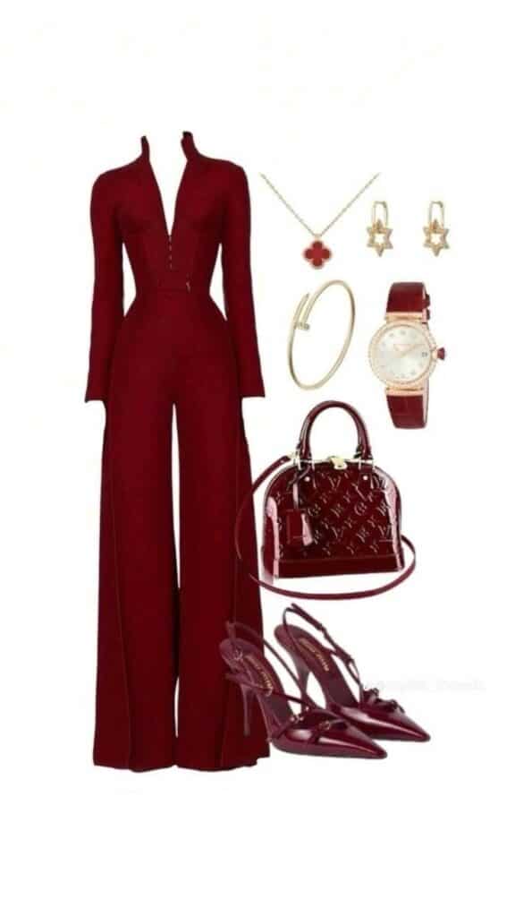 _ 4 Elegant burgundy jumpsuit with matching accessories, including a handbag, heels, jewelry, and watch. Sophisticated fashion. | Sky Rye Design Elegant burgundy jumpsuit with matching accessories, including a handbag, heels, jewelry, and watch. Sophisticated fashion.