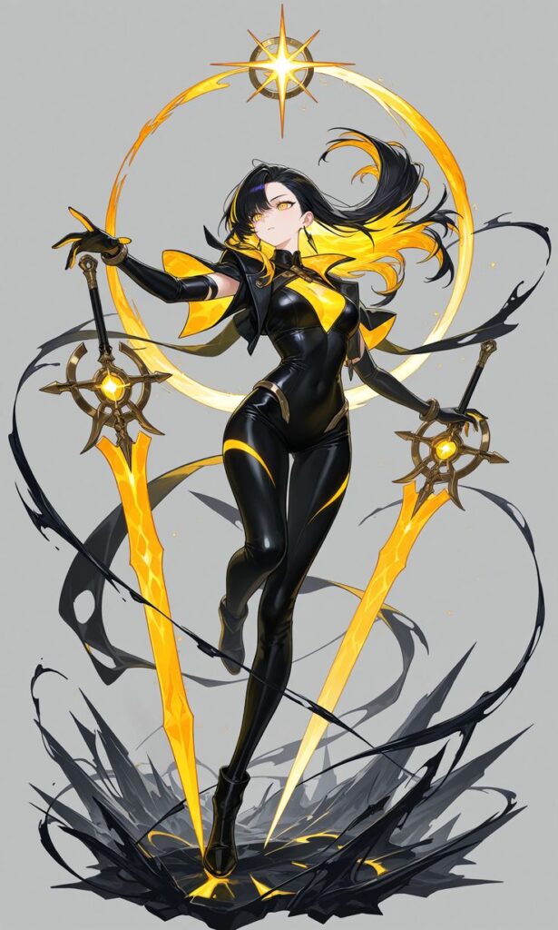 Anime warrior with black and yellow attire, wielding two mystical swords, glowing with magical energy.