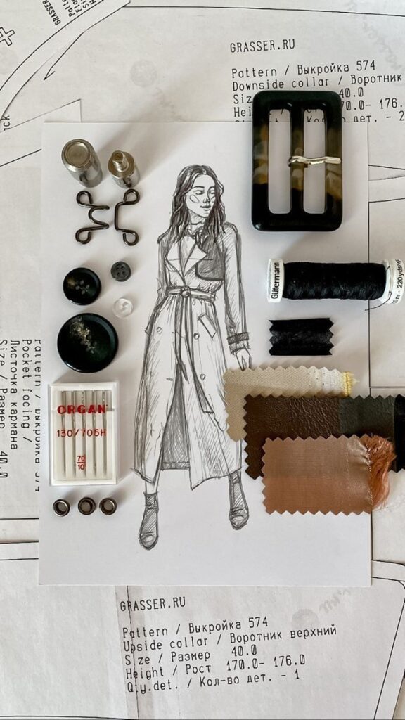 Sewing pattern with fabric swatches, illustrations, buttons, and tools for crafting fashion garments.