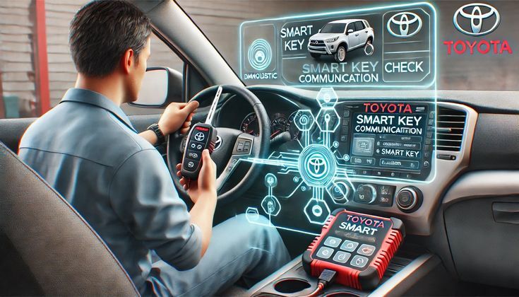 Mechanic using Toyota smart key diagnostic tool inside vehicle for advanced communication features checking.