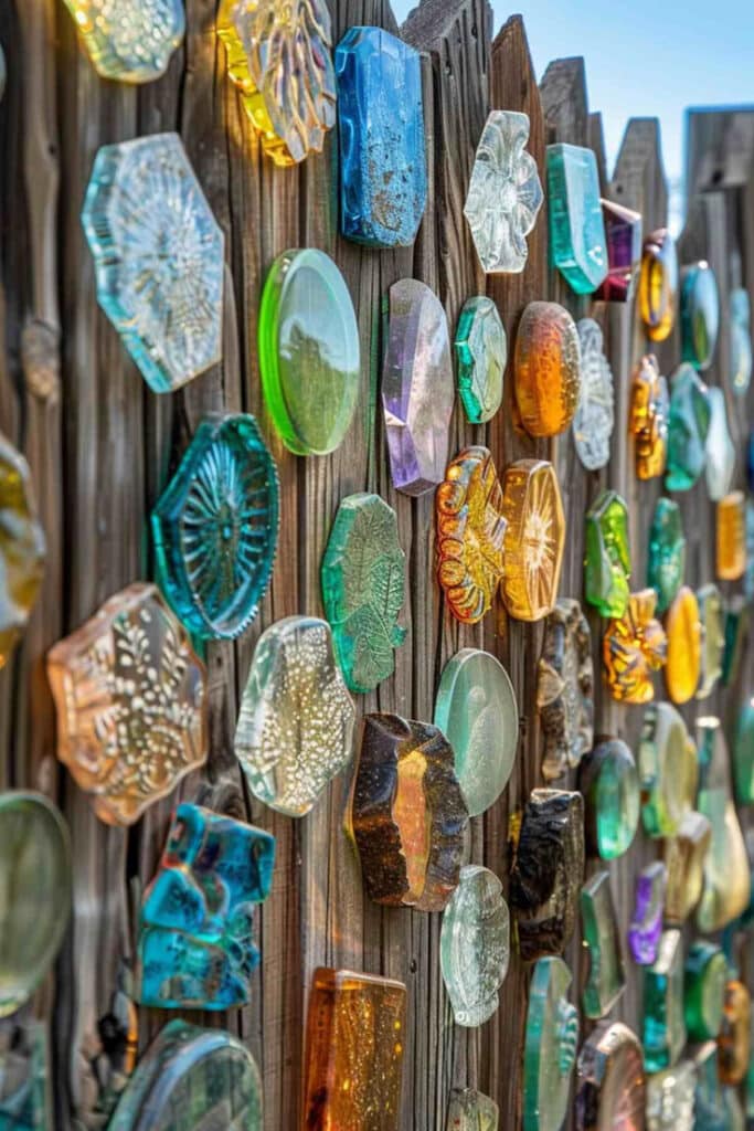Colorful glass art decorates a wooden fence, creating a vibrant outdoor display under a clear blue sky.