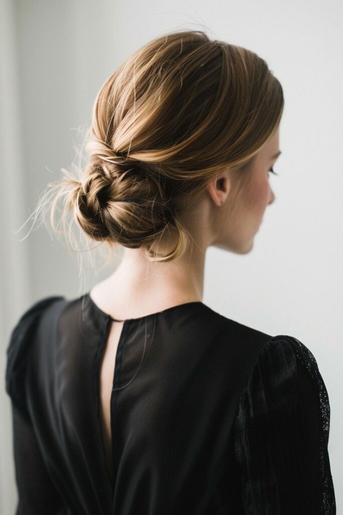 Elegant woman with a braided updo hairstyle, wearing a black dress, photographed from behind.