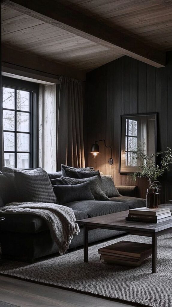 Cozy living room with dark sofa, wooden coffee table, and floor lamp creating a warm, inviting atmosphere.