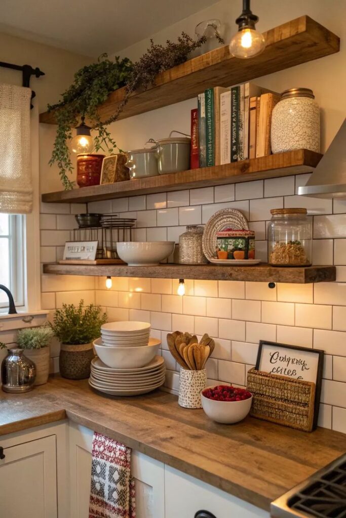 Cozy kitchen with wooden shelves, white tiles, bowls, books, and warm lighting for a rustic, inviting look.