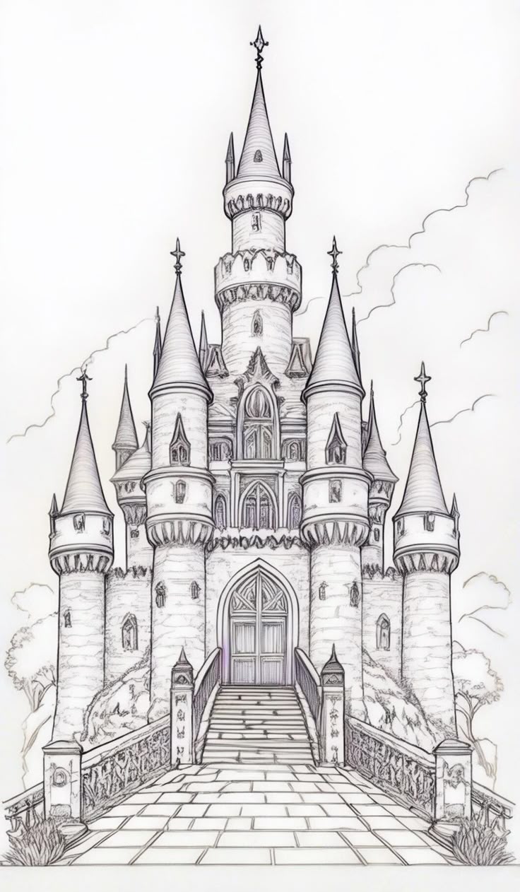 Fairytale castle sketch with tall spires, arched entrance, and detailed stonework against a cloudy sky background.