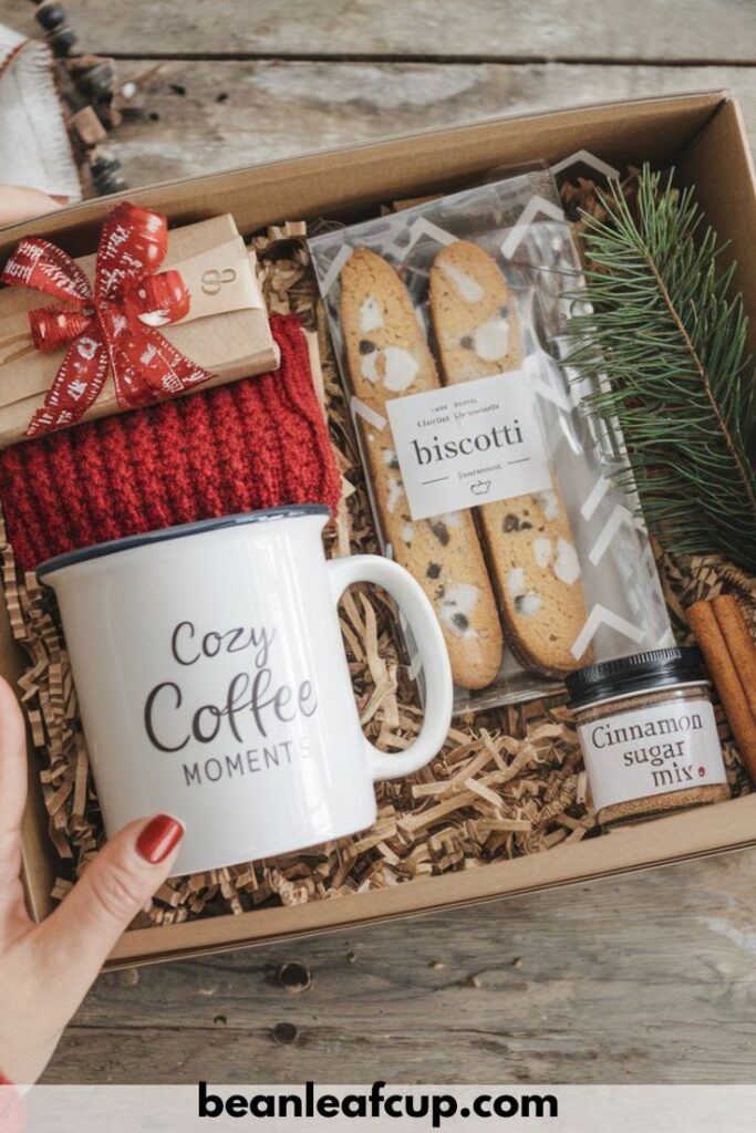 41 Charming Christmas Coffee Gift Basket Ideas That Bring Joy to Coffee Lovers Cozy coffee gift box with mug, biscotti, cinnamon mix, red knit, and gift wrapped present, ideal for festive season. | Sky Rye Design Cozy coffee gift box with mug, biscotti, cinnamon mix, red knit, and gift wrapped present, ideal for festive season.