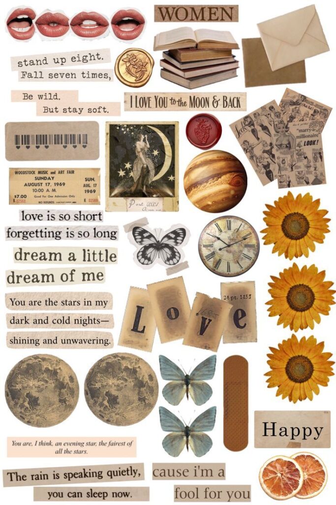 Collage of vintage elements: quotes, sunflowers, butterflies, books, lips, and celestial imagery on a white background.