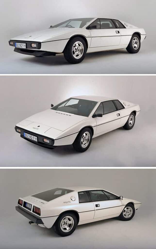 White vintage sports car with angular design, showcased in three angles on a white background.