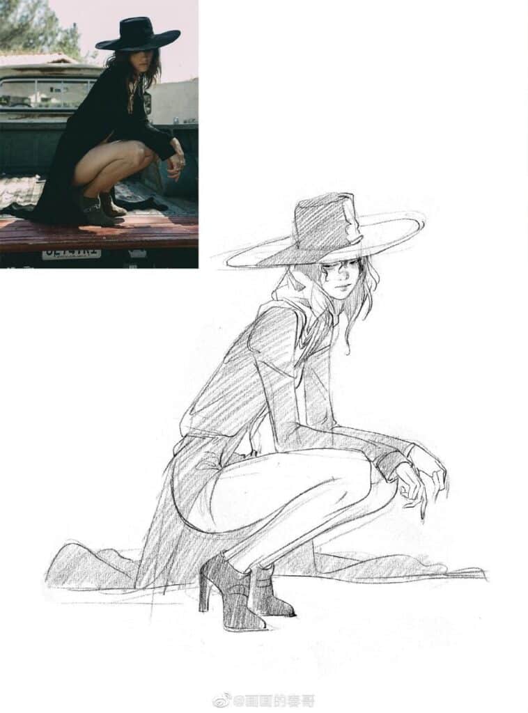 Illustration of a woman in a hat and coat, inspired by a photo, crouching stylishly on a truck bed.