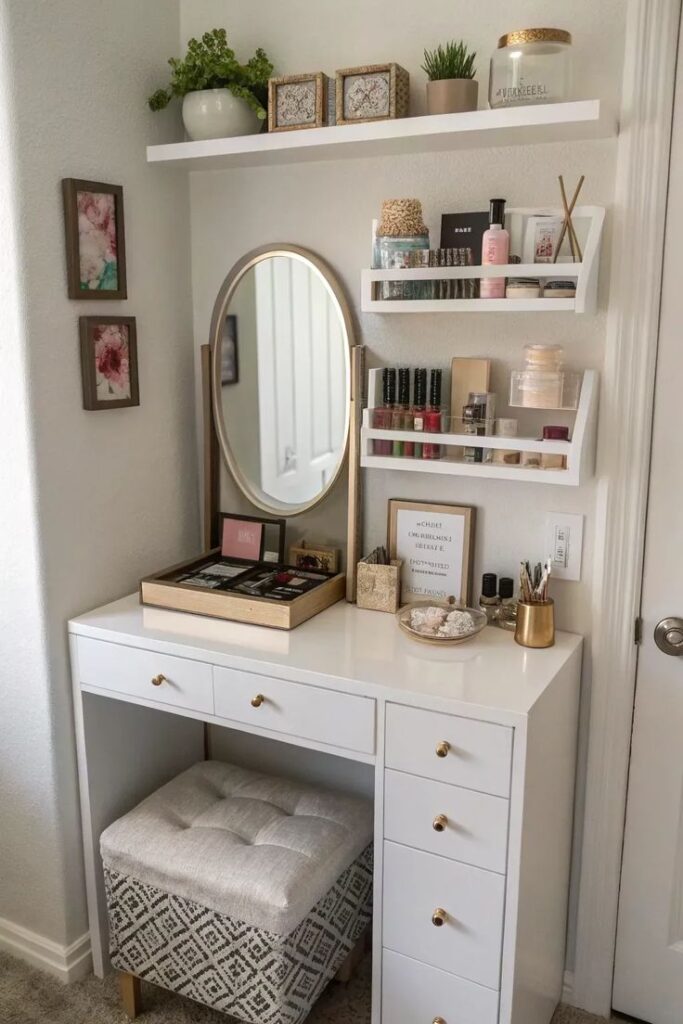42f5d05b-5af7-4ff1-9155-7877c101876a Makeup vanity setup with mirror, organized shelves, and modern decor in a stylish, compact corner space. | Sky Rye Design Makeup vanity setup with mirror, organized shelves, and modern decor in a stylish, compact corner space.