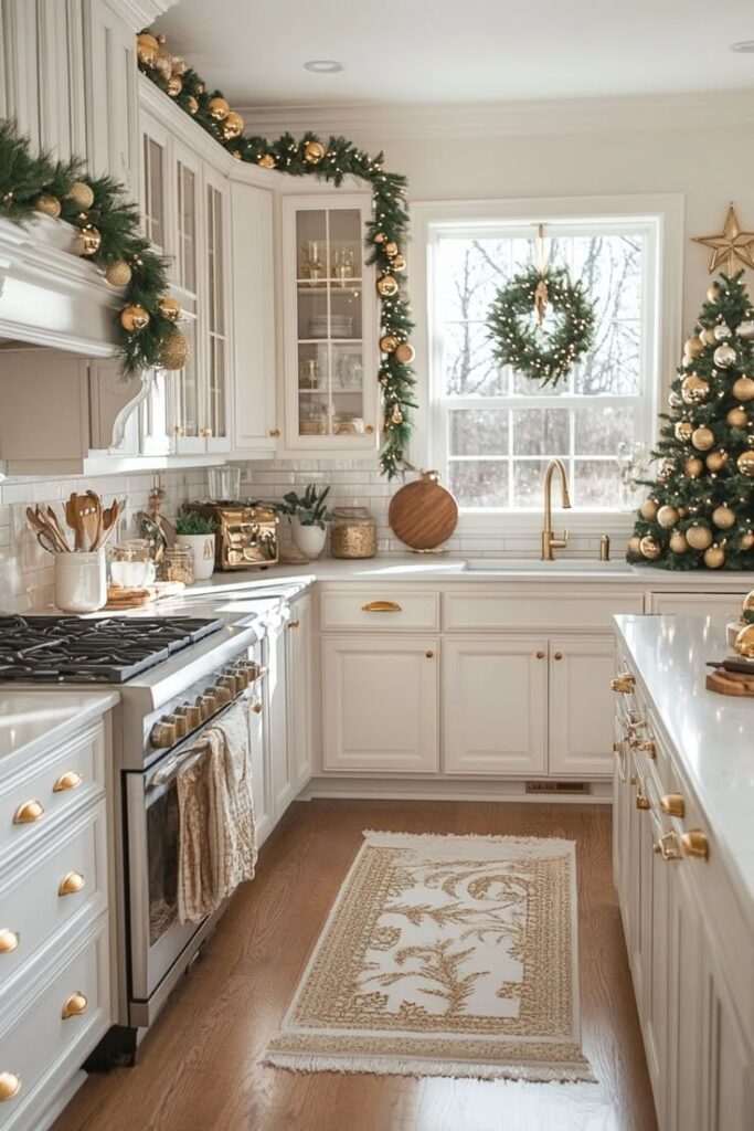 Festive kitchen with white cabinets, gold accents, and Christmas decorations, including a wreath and tree.