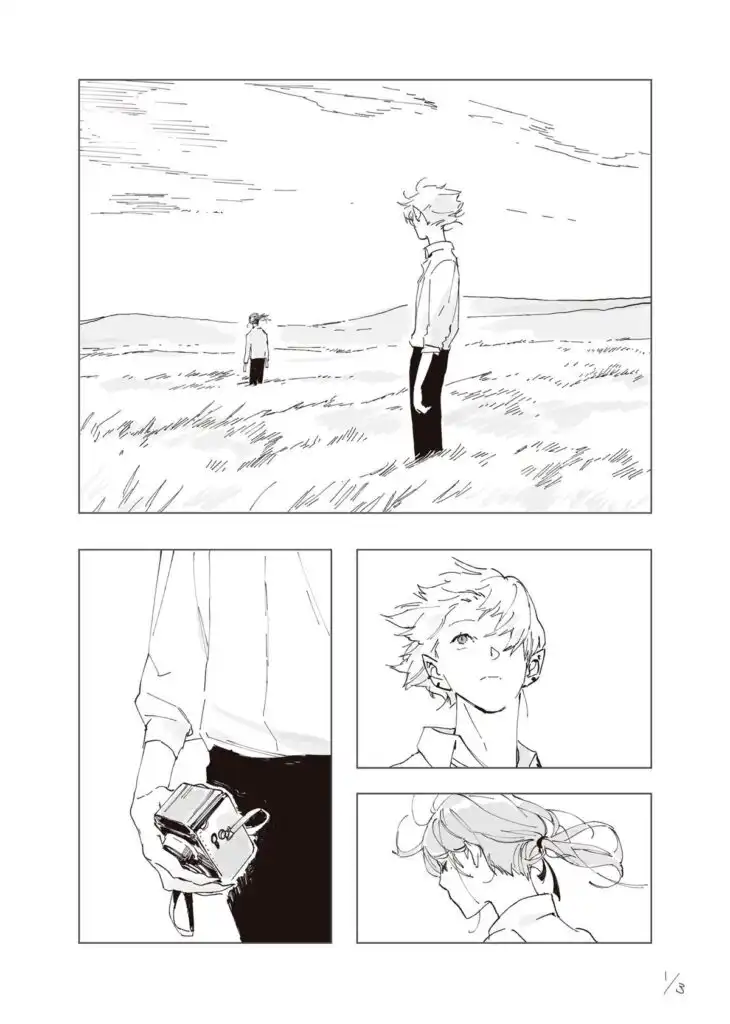 Black and white manga panels featuring two characters in a field with a camera.
