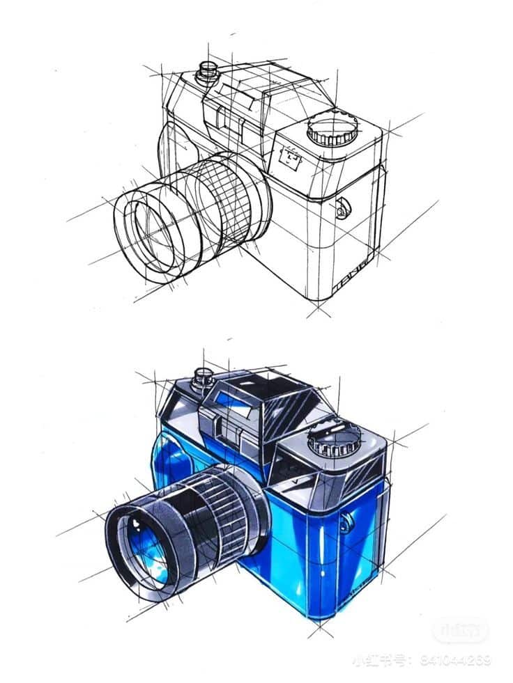 43bbc022accee1140acd82a433cf5124 Camera design sketches showing detailed structural blueprints and colored rendering of a classic camera model. | Sky Rye Design Camera design sketches showing detailed structural blueprints and colored rendering of a classic camera model.