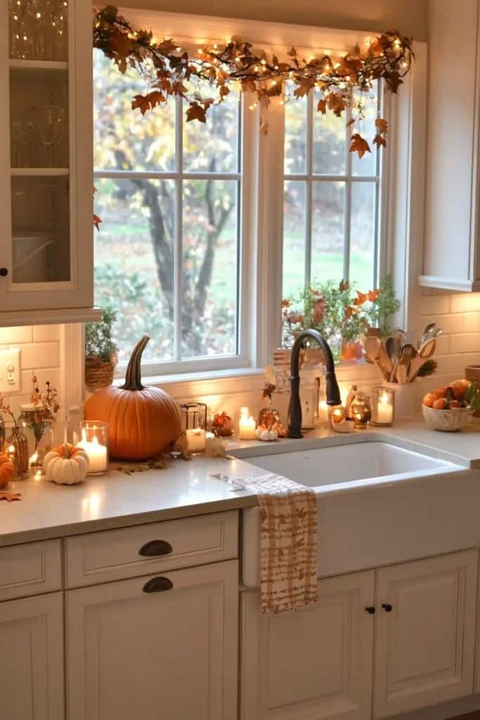 44 Stunning Fall Kitchen Design Ideas - Edward George Cozy kitchen with fall decor, pumpkins, candles, and fairy lights by the window, creating a warm autumn ambiance. | Sky Rye Design Cozy kitchen with fall decor, pumpkins, candles, and fairy lights by the window, creating a warm autumn ambiance.