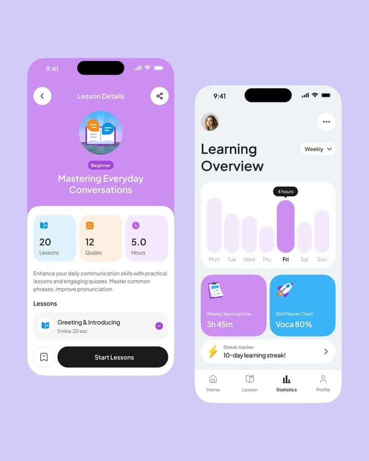 Mobile app screens showing language learning progress and lesson details.