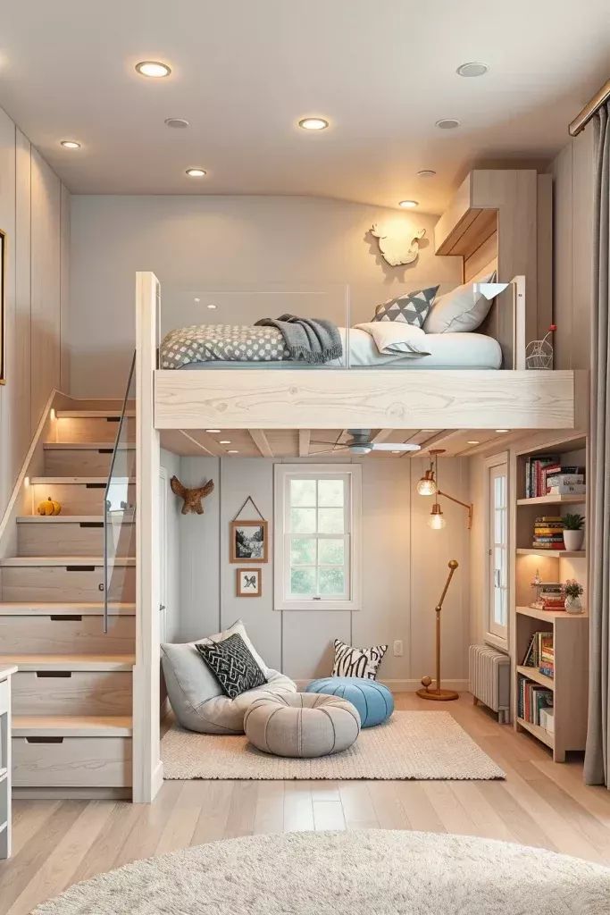 4426150f1009d5b00f763792816794e4 Modern loft bedroom with cozy reading nook, staircase, and stylish decor. Perfect for small space living and design. | Sky Rye Design Modern loft bedroom with cozy reading nook, staircase, and stylish decor. Perfect for small space living and design.