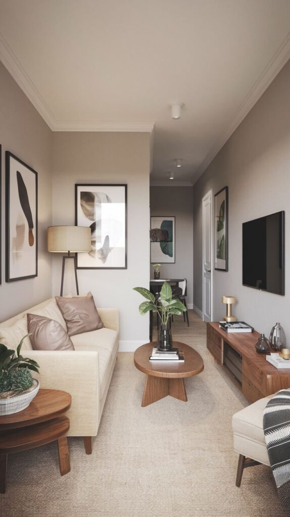 4443a14aba4863cbc6188b0b7907142f Modern living room with beige sofa, wooden tables, plants, and abstract wall art for a cozy interior design. | Sky Rye Design Modern living room with beige sofa, wooden tables, plants, and abstract wall art for a cozy interior design.