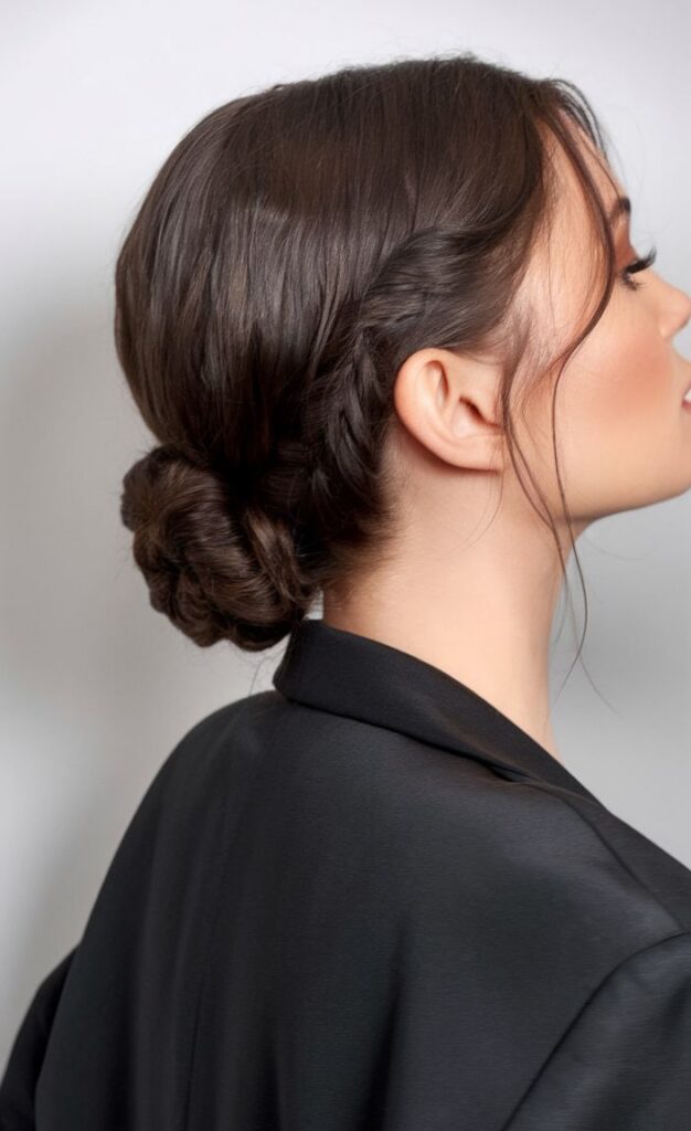Elegant hairstyle with a braided low bun, side view on a woman in a black blazer against a gray background.