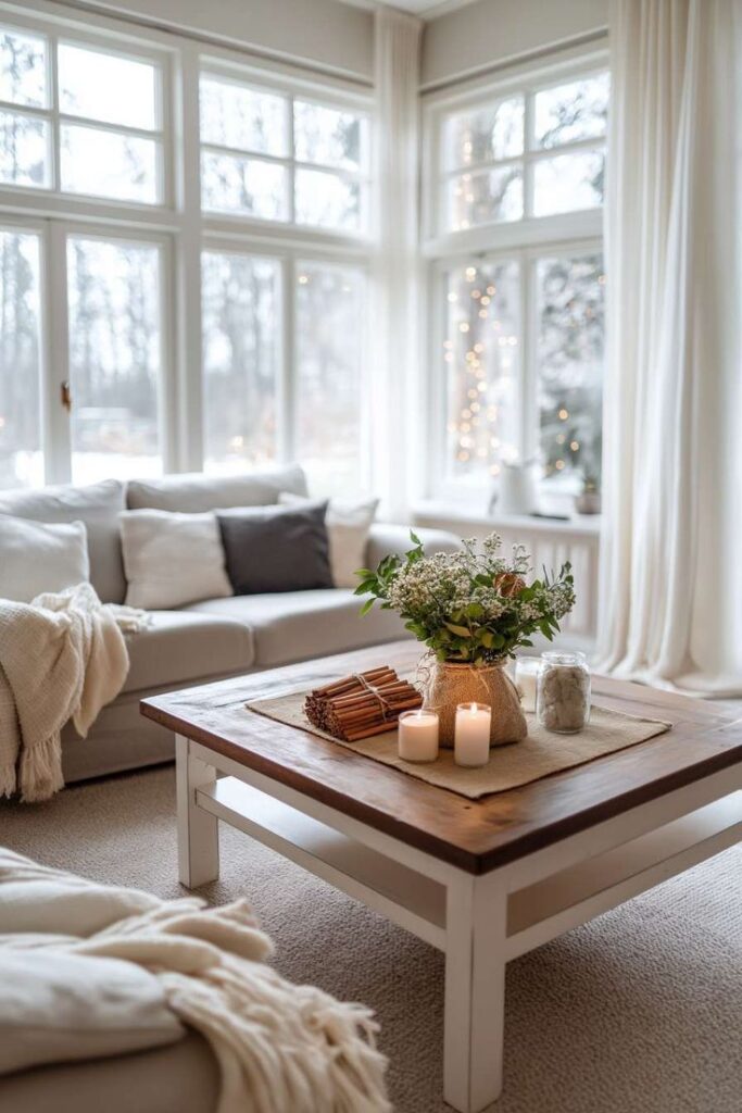 45 Cozy Winter Decor Ideas for a Hygge-Inspired Home Cozy living room with a white sofa, wooden table, candles, and a vase of flowers by large windows with sheer curtains. | Sky Rye Design Cozy living room with a white sofa, wooden table, candles, and a vase of flowers by large windows with sheer curtains.